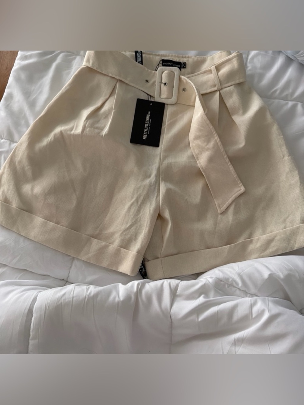 PrettyLittleThing linen Cream High-Waist Belted Paperbag Shorts